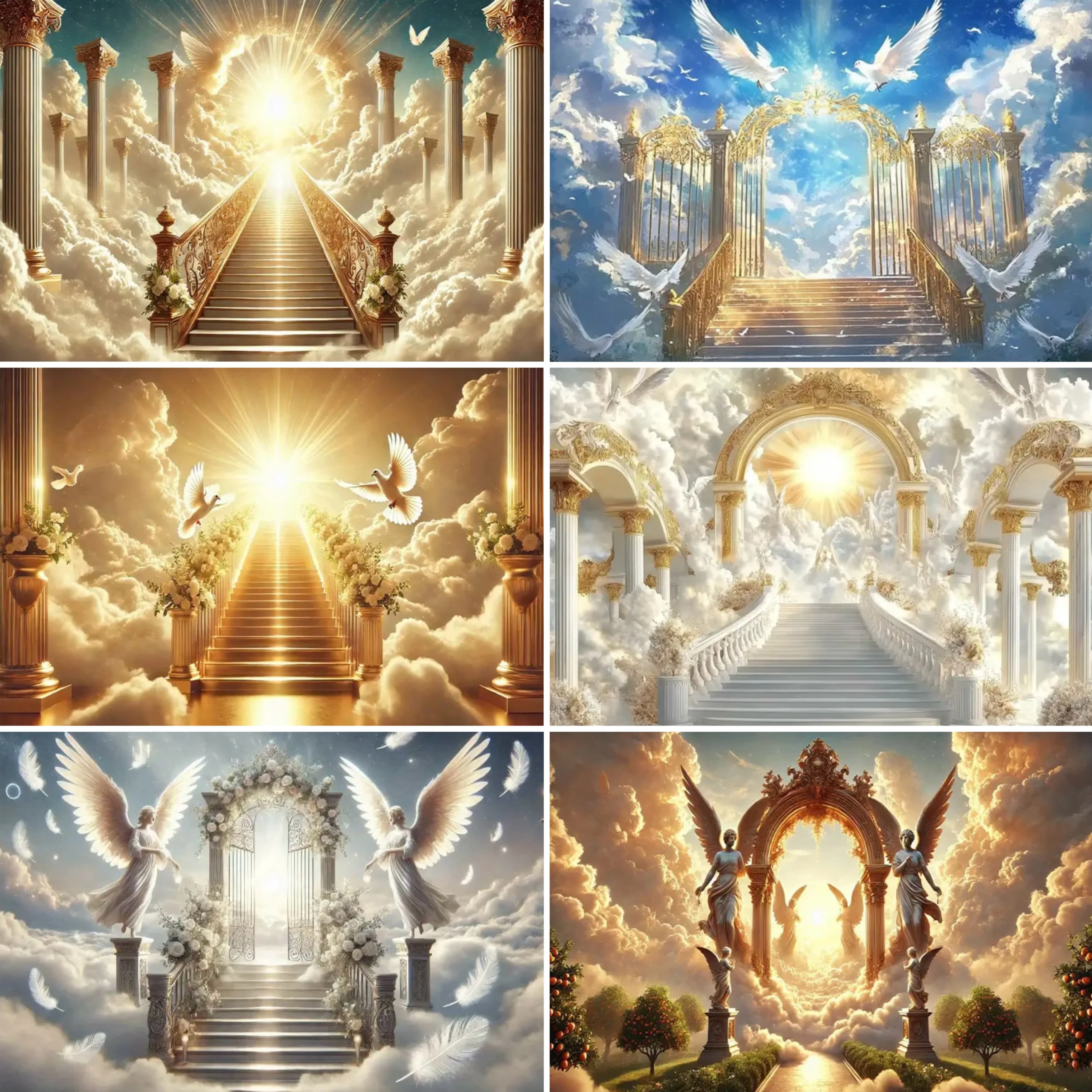 Golden Heaven Staircase Decor Background God's Kingdom Heaven's Light Angel Wings Church Wedding Event Backdrop Party Decoration