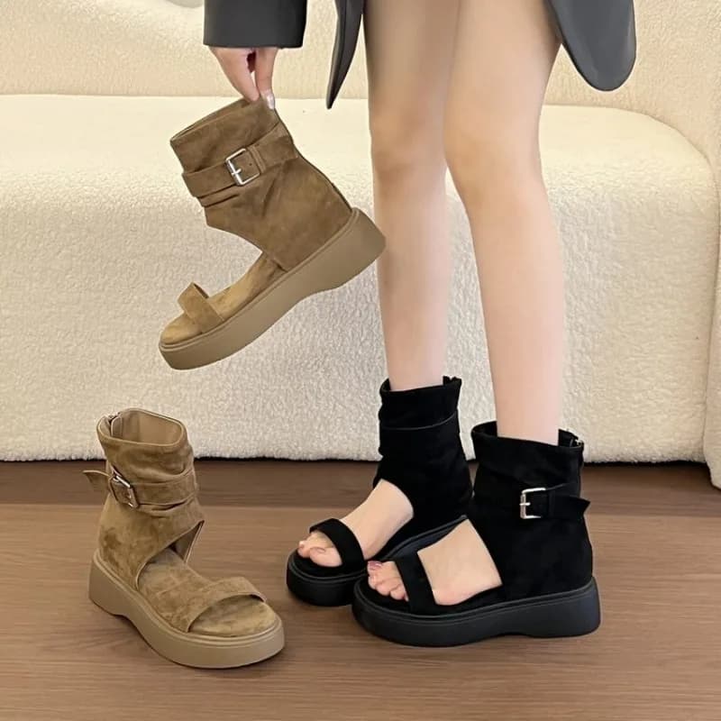 High-heel Roman-style Women's Summer Leather Slip-on Sandals with Belt Buckle