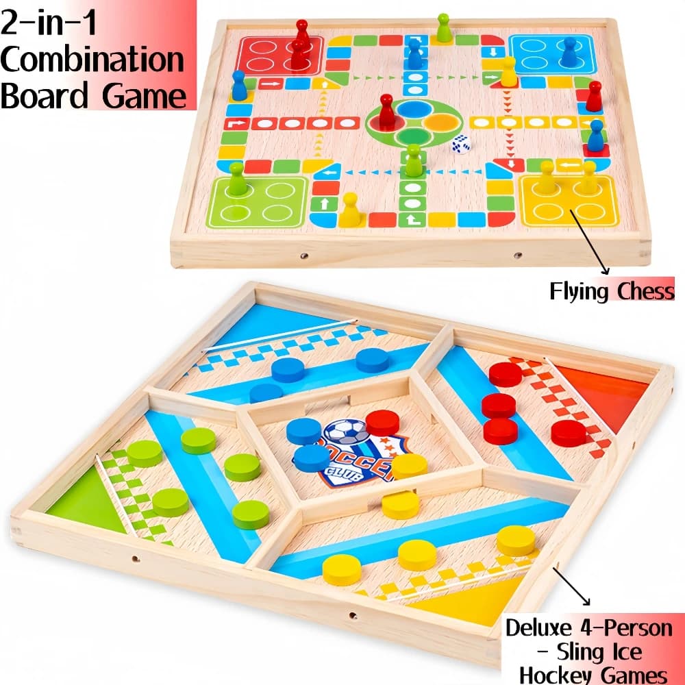2-in-1 Wooden Educational Board Games Combo Set: 4-player Deluxe Chinese Checkers, Aeroplane Chess for Family