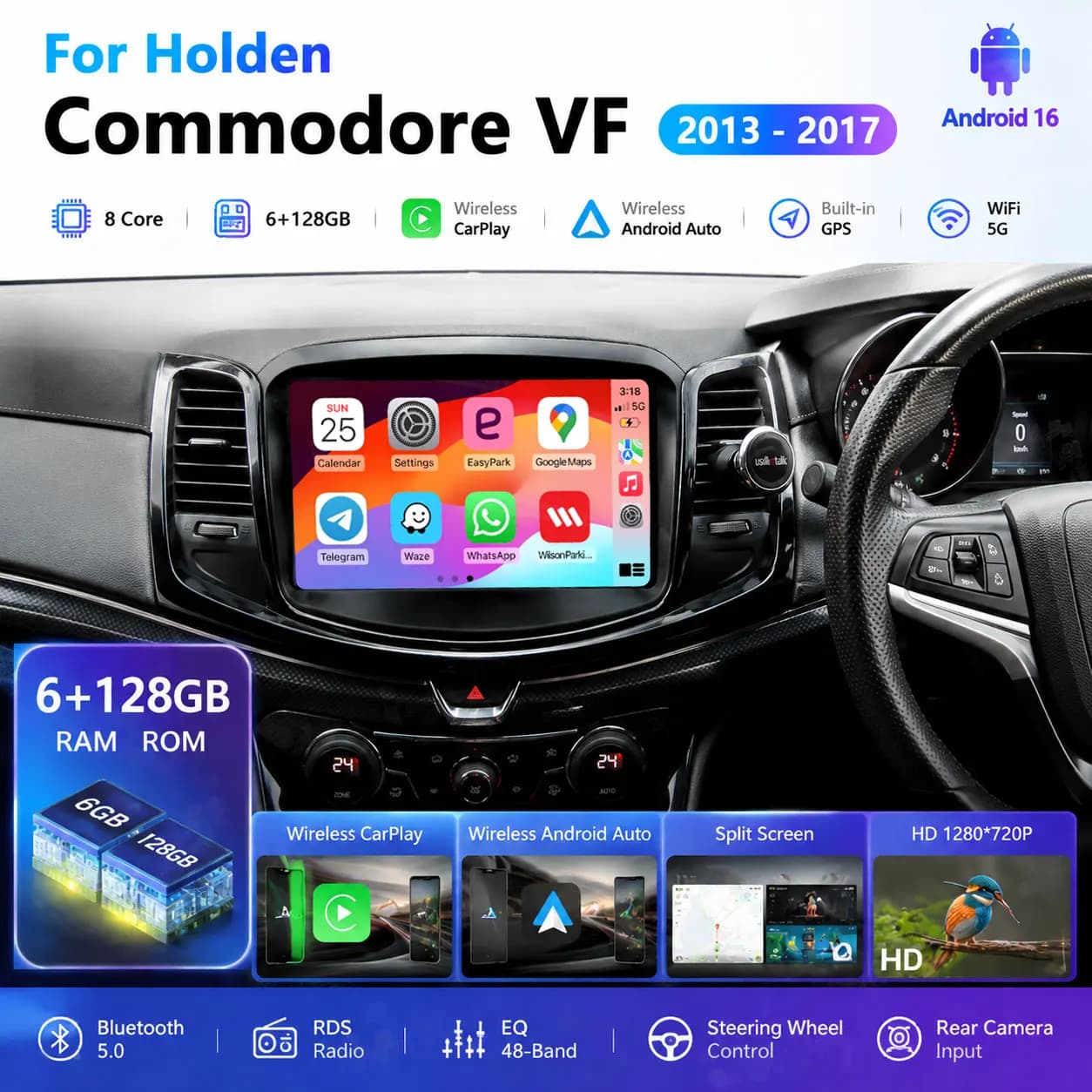Car Multimedia Player with Built-in CarPlay, AM/FM Radio, Audio, Bluetooth, HD1080p, for Holden Commodore VF 2013-17