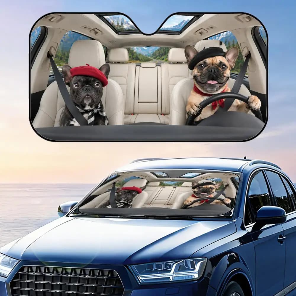Parasole per Parabrezza Auto con Motivo Bulldog Francese con Berretto, Protezione UV, Riflettente, Pieghevole, Isolante Termico