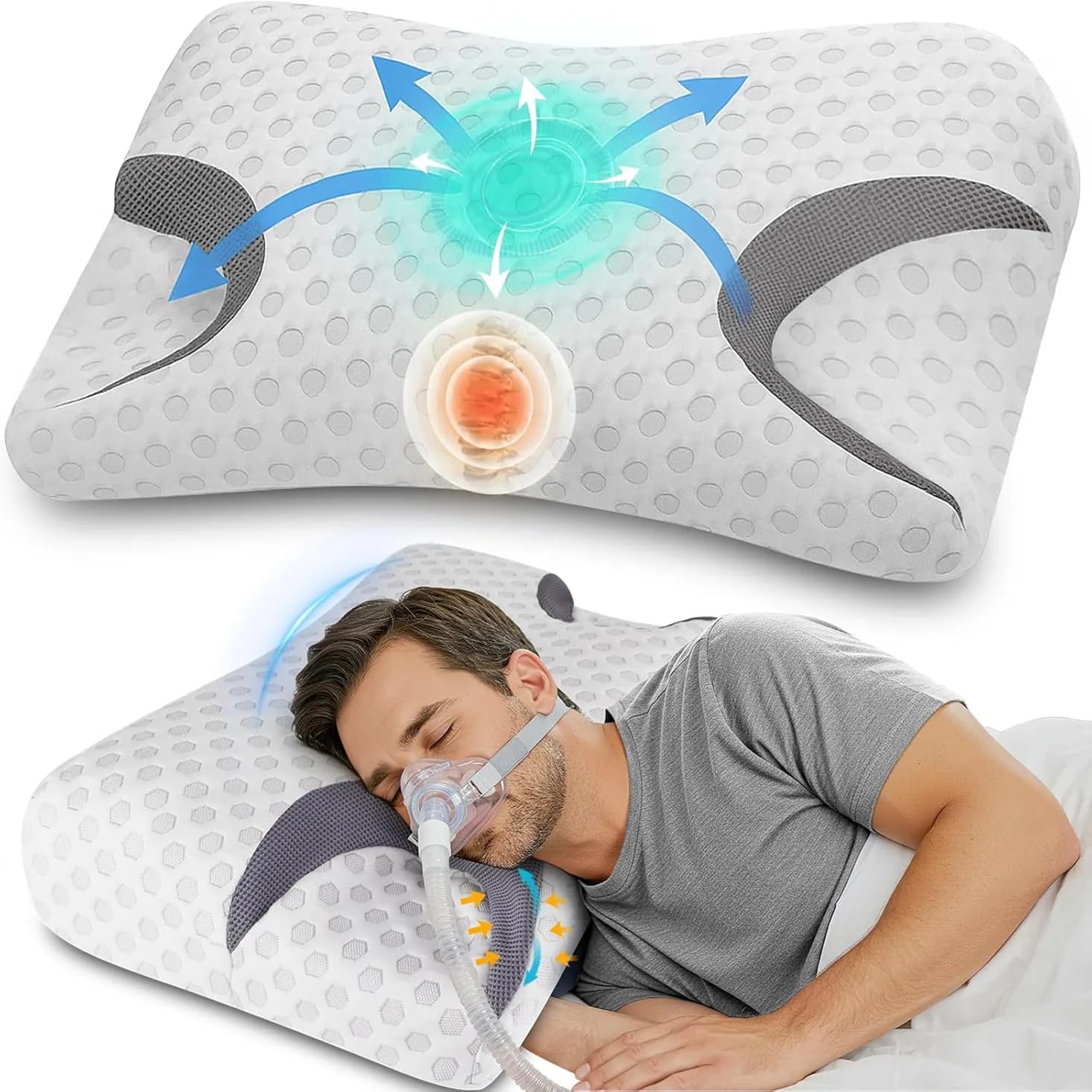 Cuscino CPAP in Memory Foam Comfort con Riduzione della Pressione della Maschera e delle Perdite d'Aria, Supporto per Testa e Collo in Maglia per Dormire a Letto