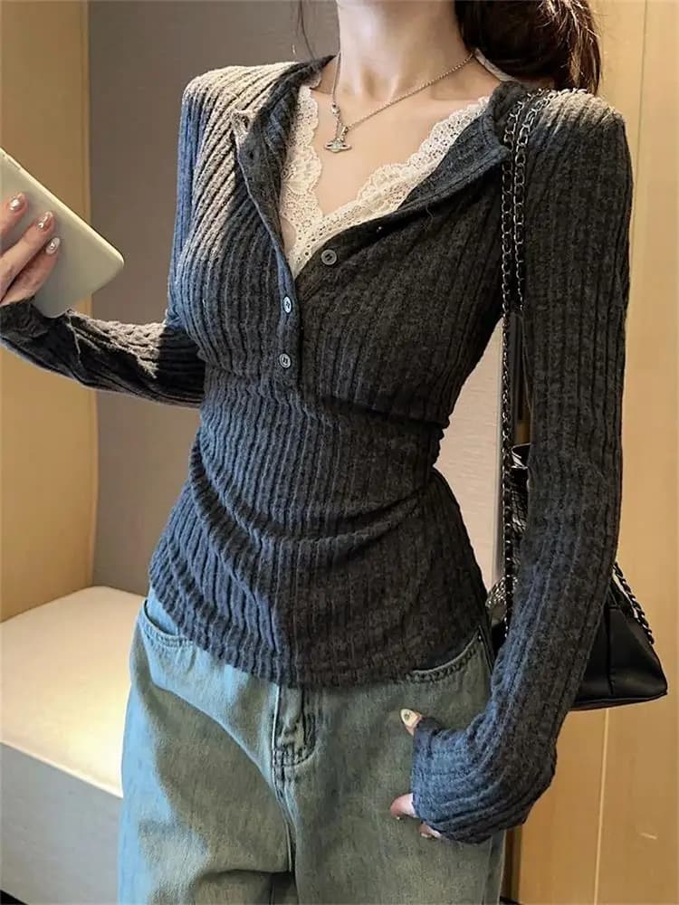 T-shirt a maniche lunghe patchwork in pizzo da donna Camicia base Moda T-shirt vintage finta in due pezzi con scollo a V Abiti estetici