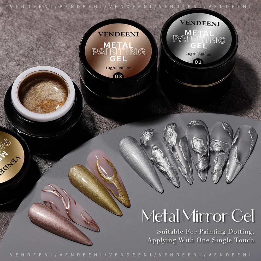 Vendeeni 3 Colors Metal Mirror Painting Gel Nail Polish UV LED Soak Off Golden Rose Silver Glitter Metal Powder Nail Varnish