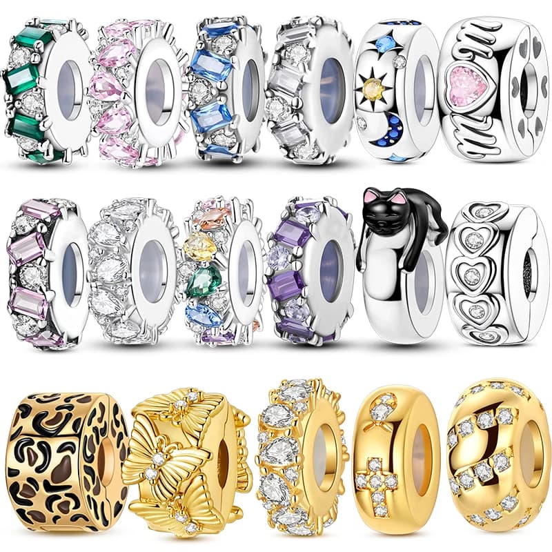 Charm con Chiusura a Clip in Argento Sterling 925, Perline con Zirconi Dorati, Charm a Forma di Gatto e Croce, Fermacorda in Silicone, Adatto per Bracciali e Gioielli Fai-da-Te