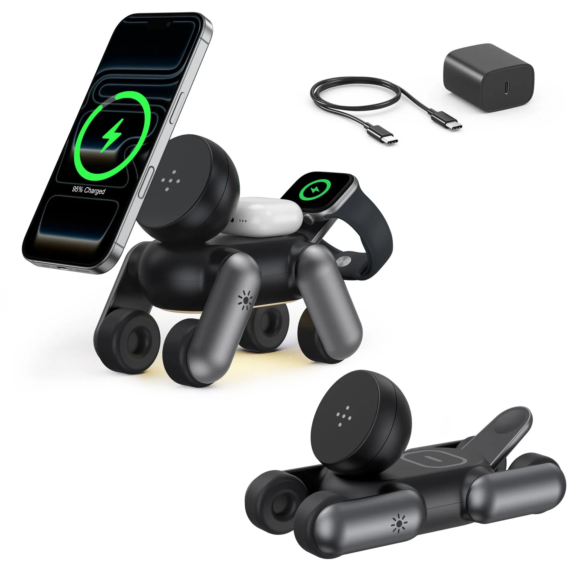 Caricatore Wireless Magnetico 3-in-1 Portatile con Supporto MagSafe a Forma di Cane Robot, Stazione di Ricarica Rapida Multifunzione per Telefono, Orologio e Auricolari