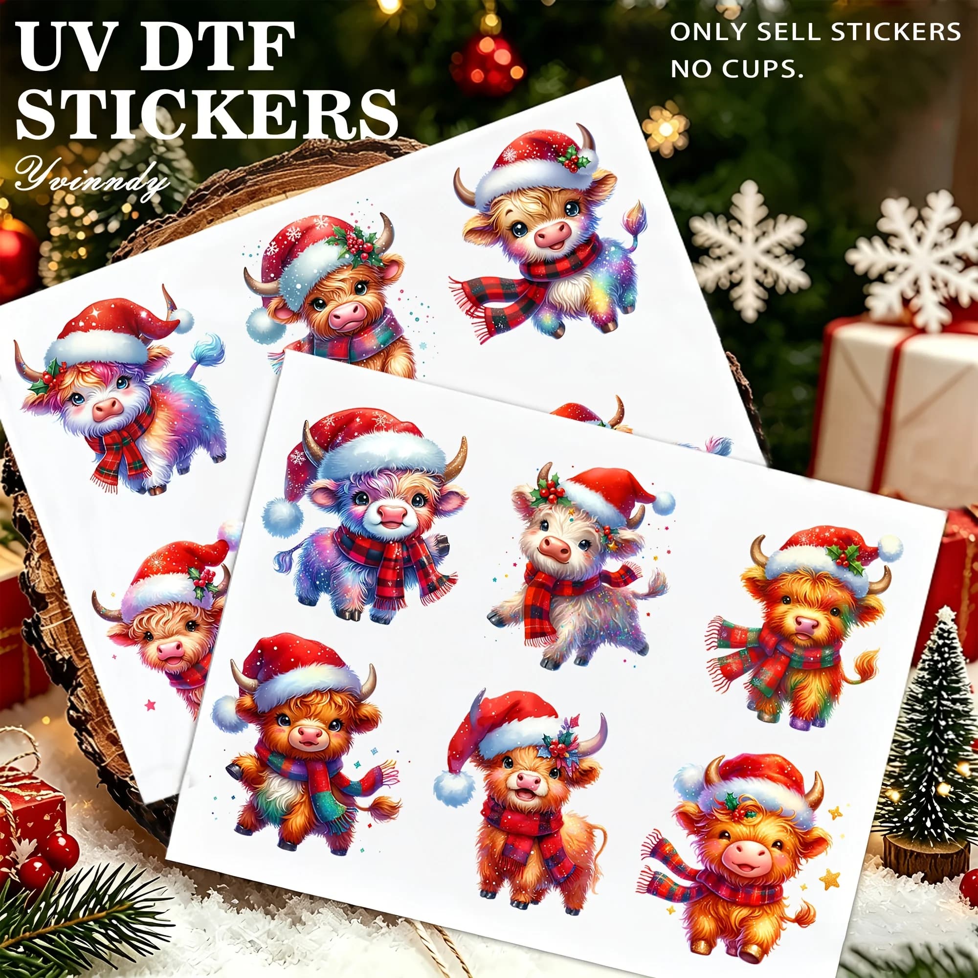 12PCS/Set Of Watercolor Christmas Highland Cow Designs Made With Waterproof Durable High-quality UV DTF Transfer Sticker(NO Cup)