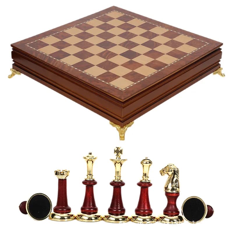 Luxury Metal & Solid Wood Chess Set Desktop Foldable Easy Storage International Chess Set