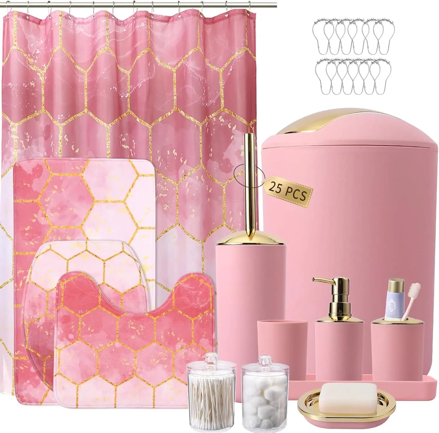 Set da Bagno 25 Pezzi Rosa e Oro con Tenda Doccia, Tappeti, Cestino, Spazzola WC, Dispenser Sapone per Arredo Casa