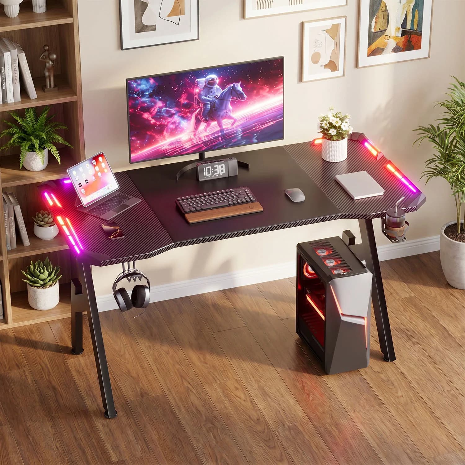NEBMAAX RGB LED Gaming Desk with App Control Lights, A-Shaped Sturdy Metal Frame Carbon Fiber Surface Gaming Table, Ergonomic Curved Computer Desk with Cup Holder & Headset Hook, Adjustable Foot Pads Gaming Workstation for PC Gamers