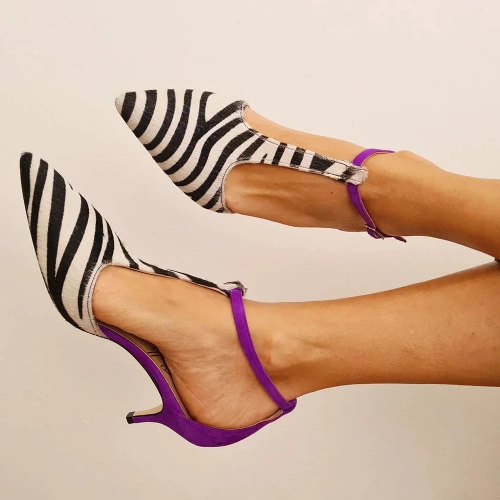 Nuovi Sandali con Tacco Basso 2026, Scarpe Estive Sexy da Donna, Punta Chiusa, Cinturino a T, Motivo Zebrato, Tacco Viola, Taglie 34-43, Dropship