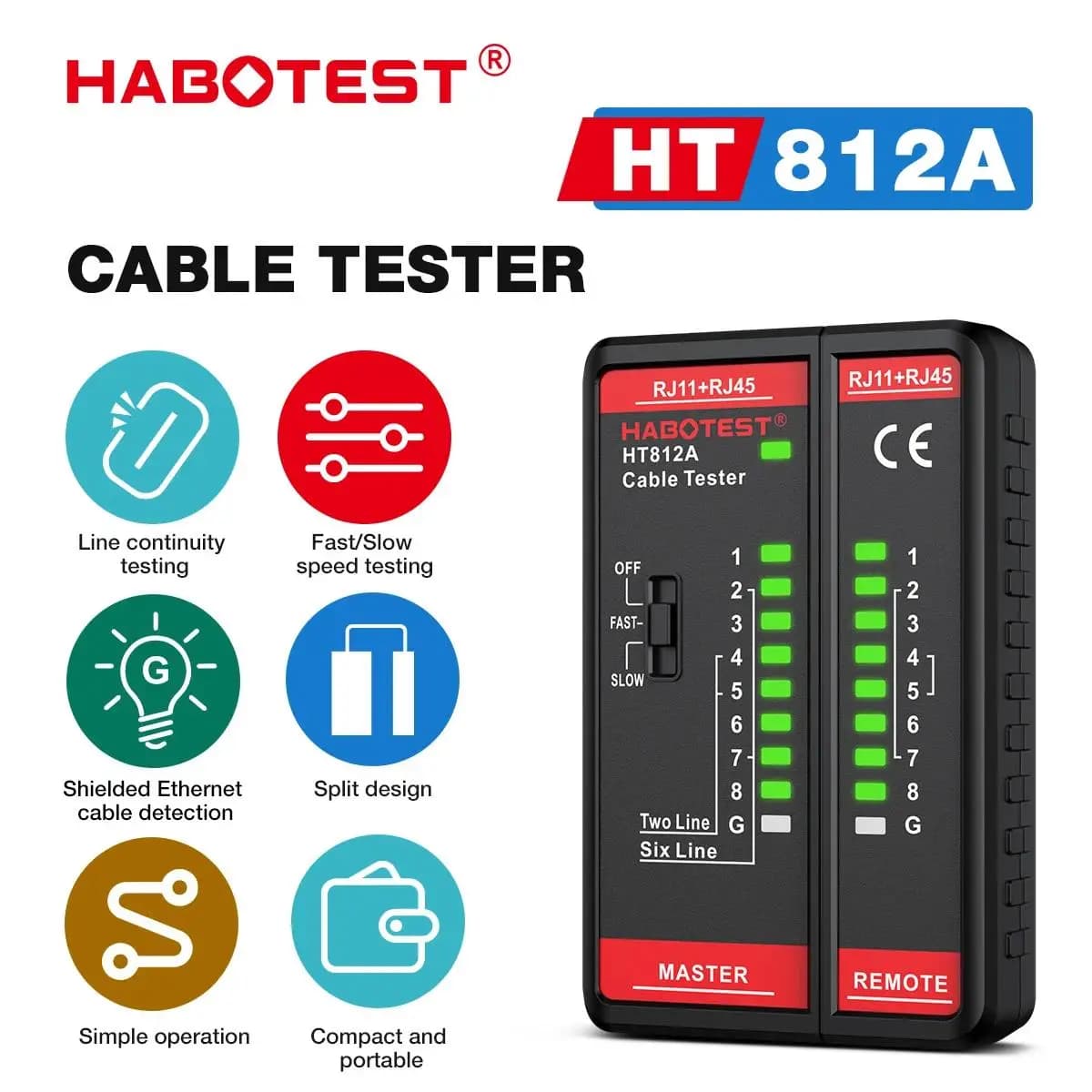 HABOTEST HT812A Cable Tester Network Cable Tester RJ11 RJ45 Dual-use tester LED status display NC/HDMI repair