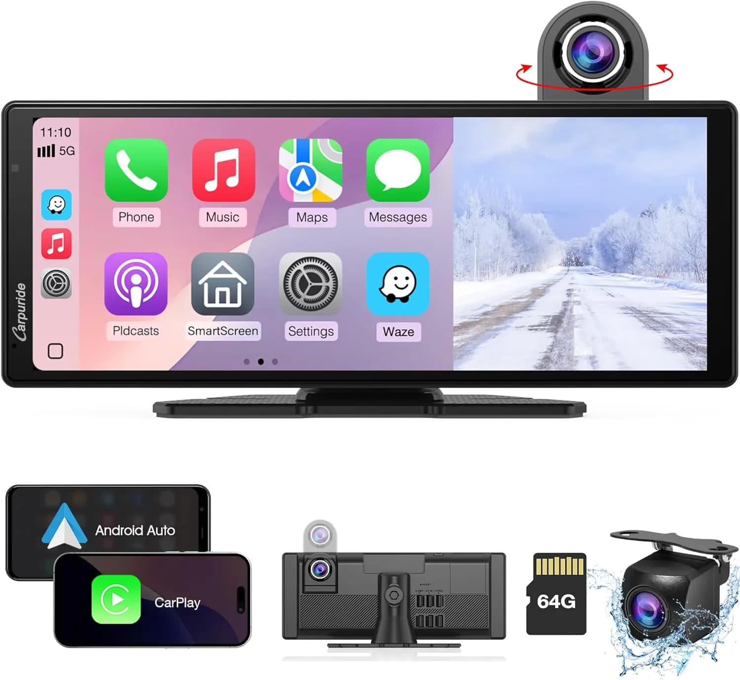 10.26 Touch Screen with Carplay and Android Car Wireless, Dash Cam 4K, Loop Registration, Bluetooth, GPS for Auto