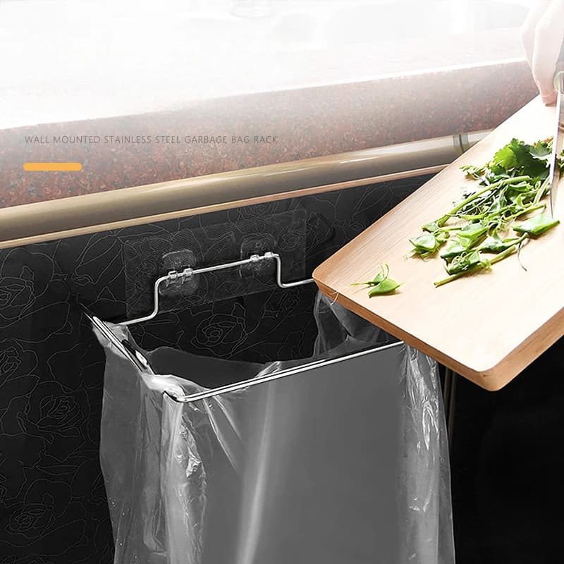 Household Stainless Steel Garbage Bag Holder, No Punching, Kitchen Garbage Bag Holder, Multifunctional Bathroom Garbage Bag Hook
