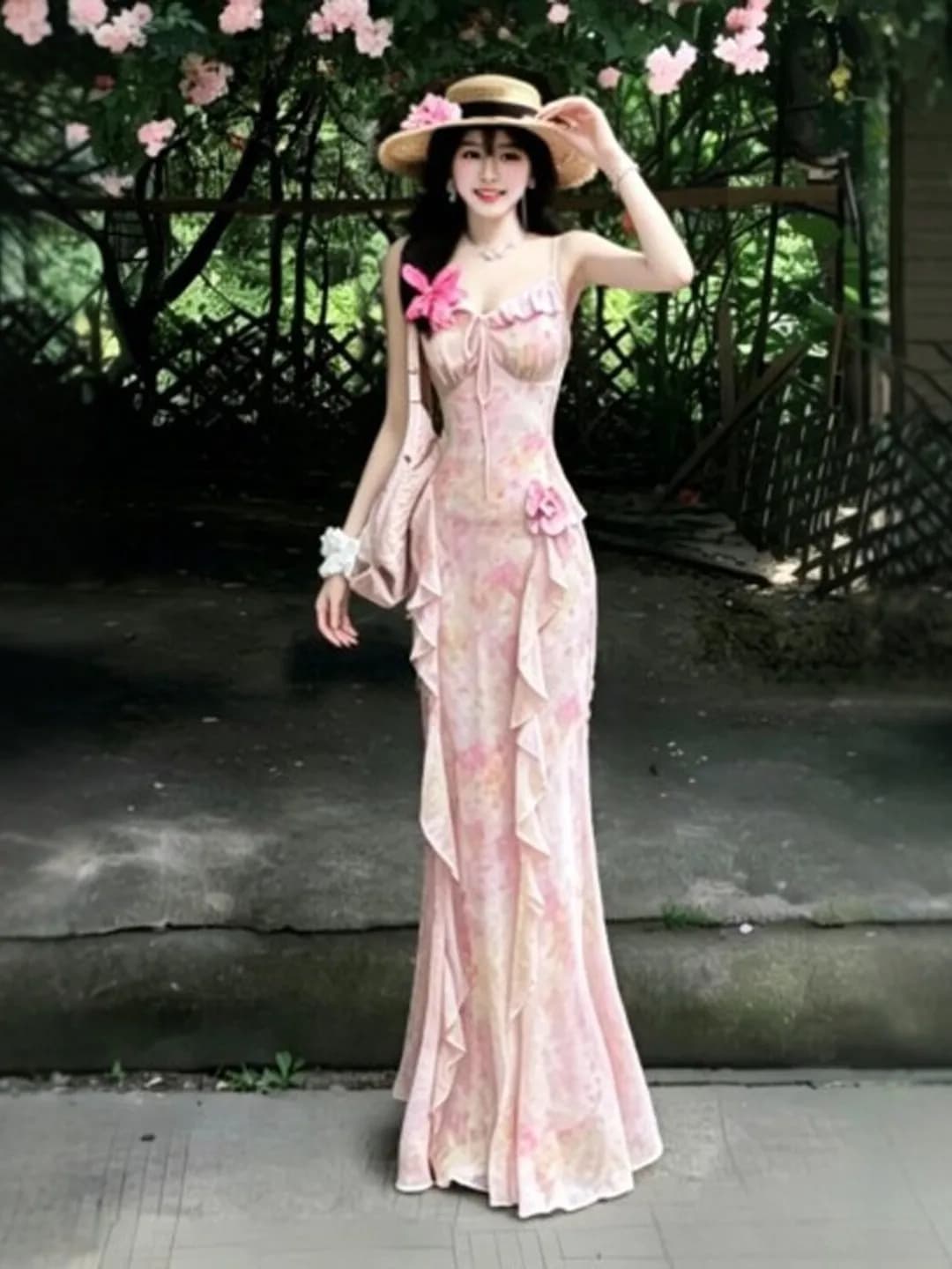 Unique Beautiful Floral Slim Fit Fish Tail Halter Dress Beach Vacation Style Summer Cotton Casual V Neck No Sleeve Women Dress