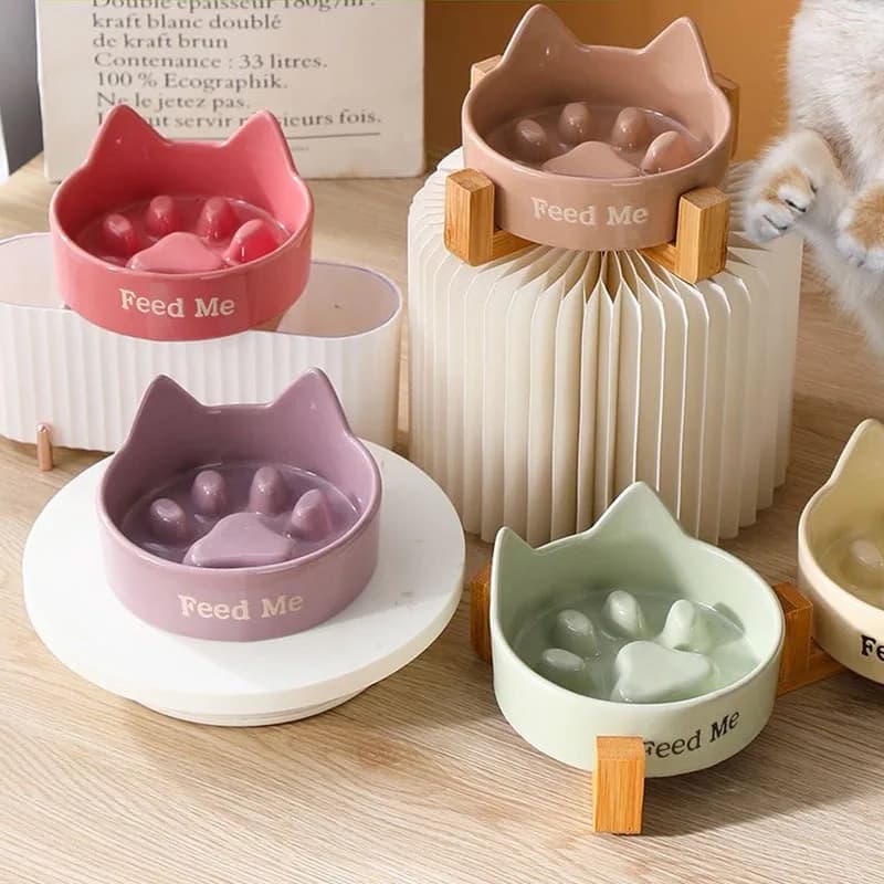 Ciotola per cani e gatti a mangiare lento in ceramica creativa anti-soffocamento con struttura in legno, ciotole per cibo per cani a foro grande, forniture per animali domestici, 1 pezzo
