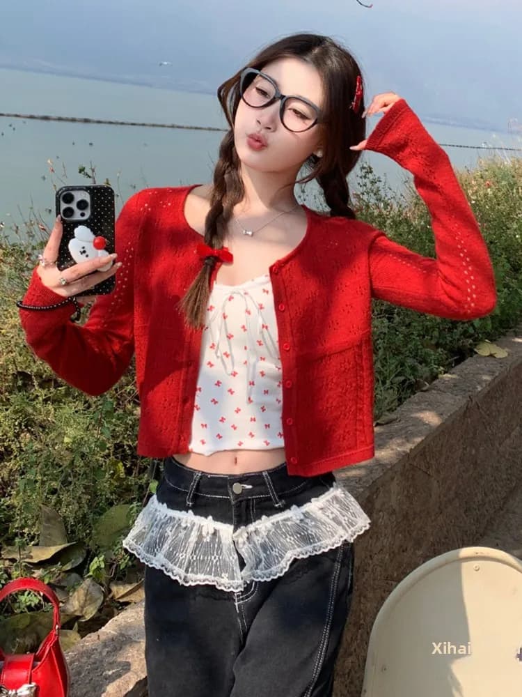 Red Knitted Summer Thin Ice Silk Sun Protection Cardigan Women's Outerwear Small Shawl Hollow out Cover up Short Jacket
