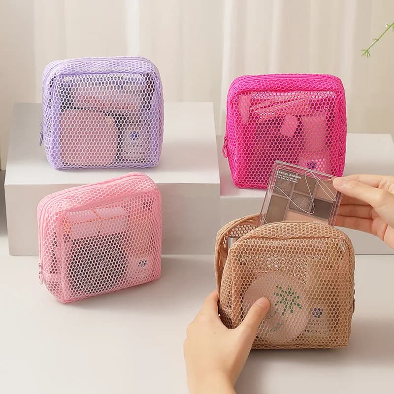 Borsa Portatile in Rete per Trucchi, Piccola Pochette Quadrata per Rossetti, Pochette in Rete per Assorbenti Igienici, Mini Borsa Trasparente in Rete, Porta Carte, Portachiavi