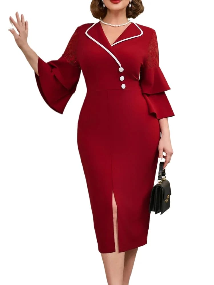 Abito aderente con maniche a campana con colletto a contrasto taglie forti Abito rosso vino da donna casual da lavoro Abiti primaverili per abbigliamento da ufficio da donna 2025