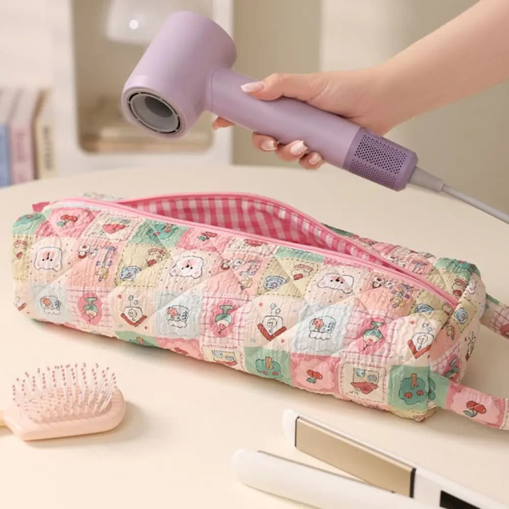Borsa porta asciugacapelli con motivo floreale, borsa porta arricciacapelli con stampa leopardata e maniglia, borsa cosmetica in materiale morbido per viaggi