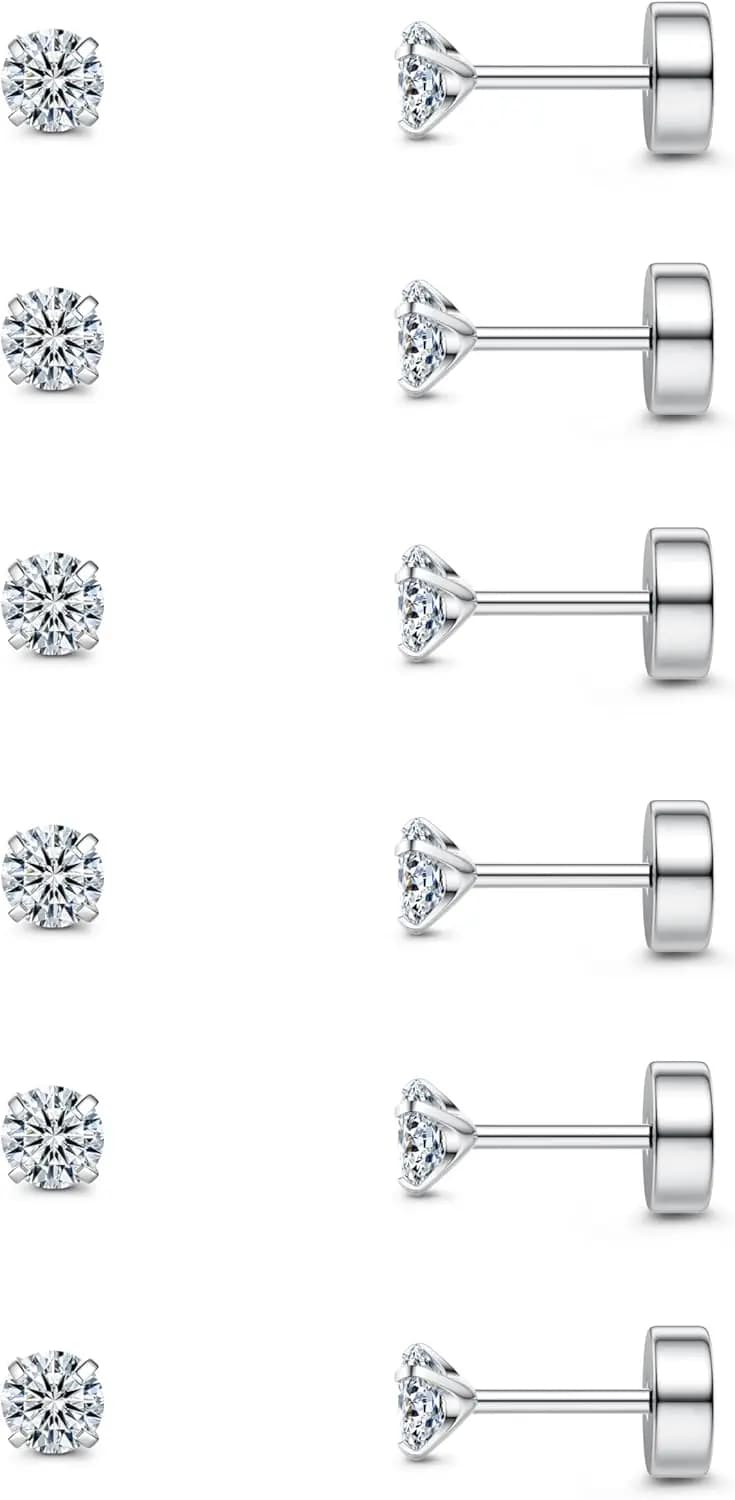 Orecchino a perno da 20G per cartilagine, da donna e uomo, in acciaio chirurgico 316L, con retro piatto, set con zirconi rotondi da 2-6mm, chiusura a vite