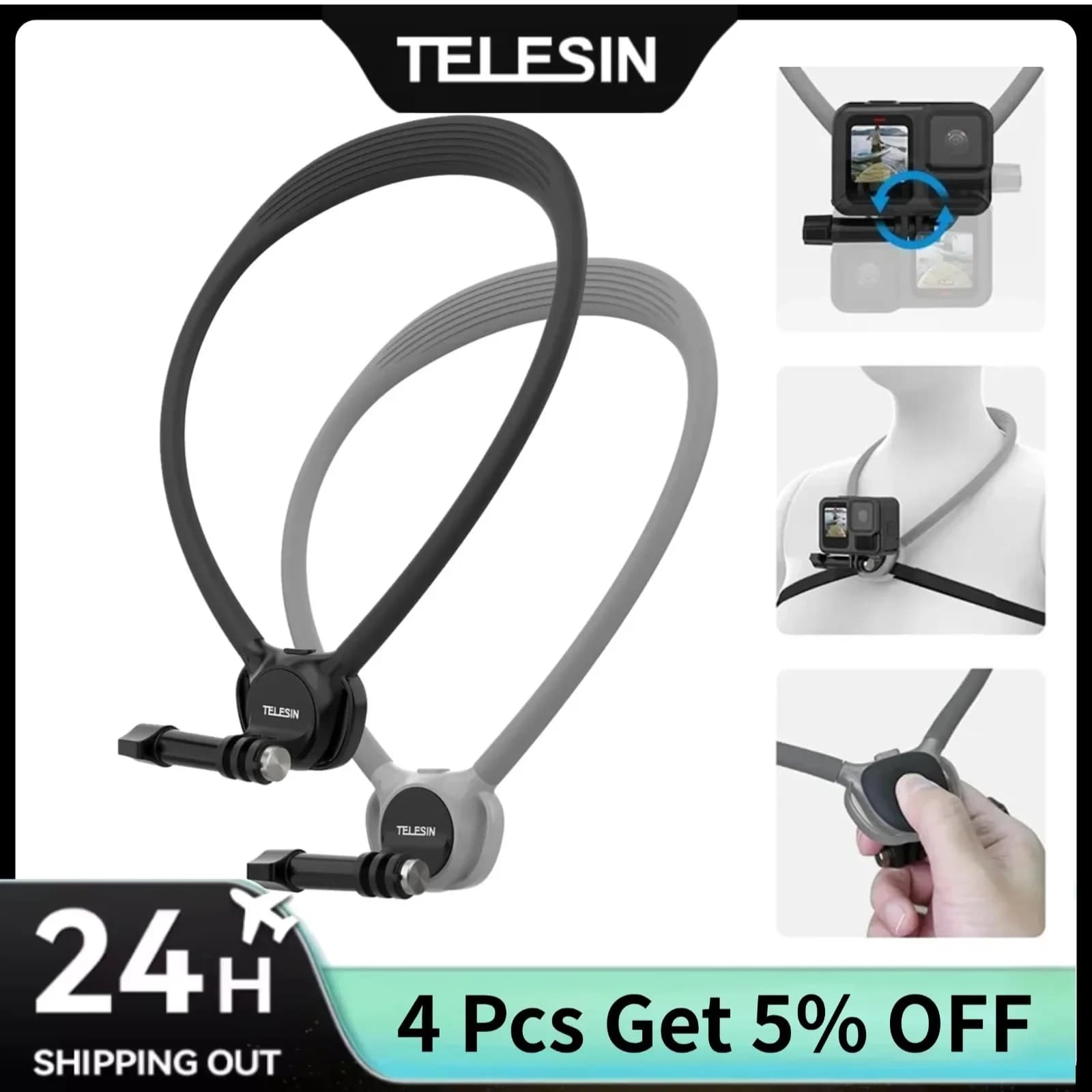 TELESIN Supporto per collo in silicone per Gopro Hero 13 12 11 10 9 8 DJI OSMO Action 5 4 3 Insta360 X5/X4/X3 Mount Go Pro Accessori