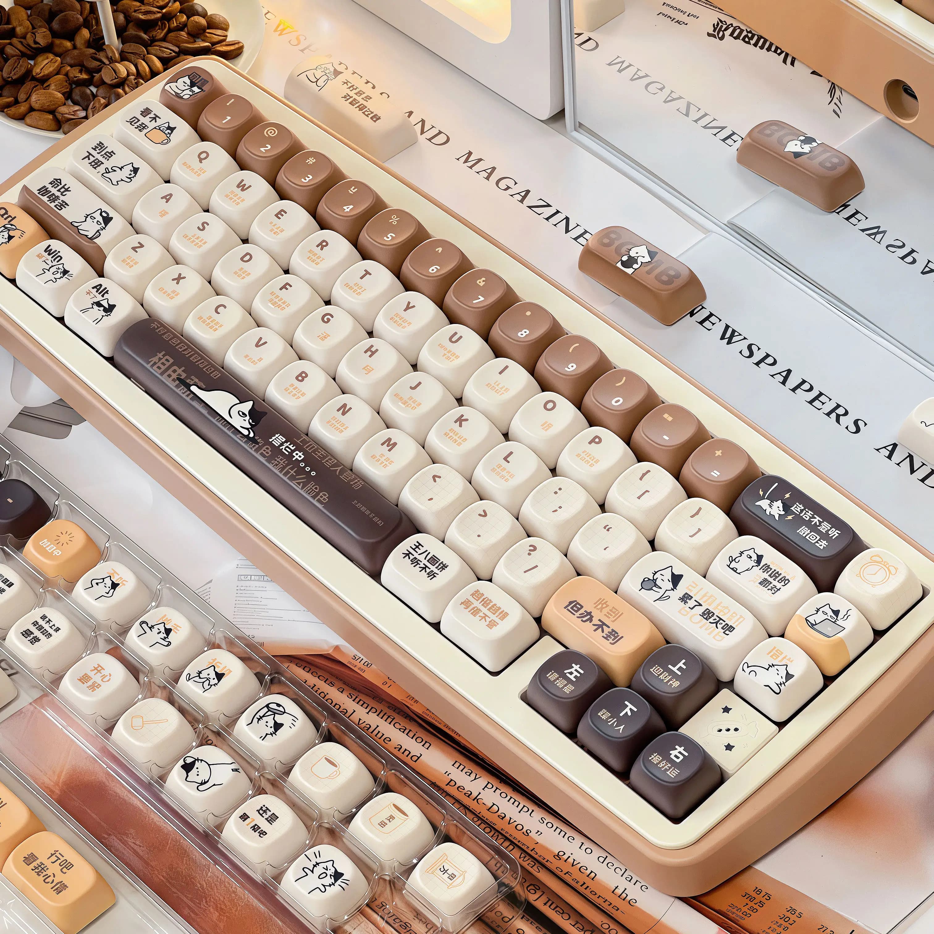 120 Tasti PBT a Tema Gatto Pescatore, Keycaps Cherry Carini, Regalo per Tastiera Meccanica con Sublimazione a Tinta per Made68 Mad68 Wooting60