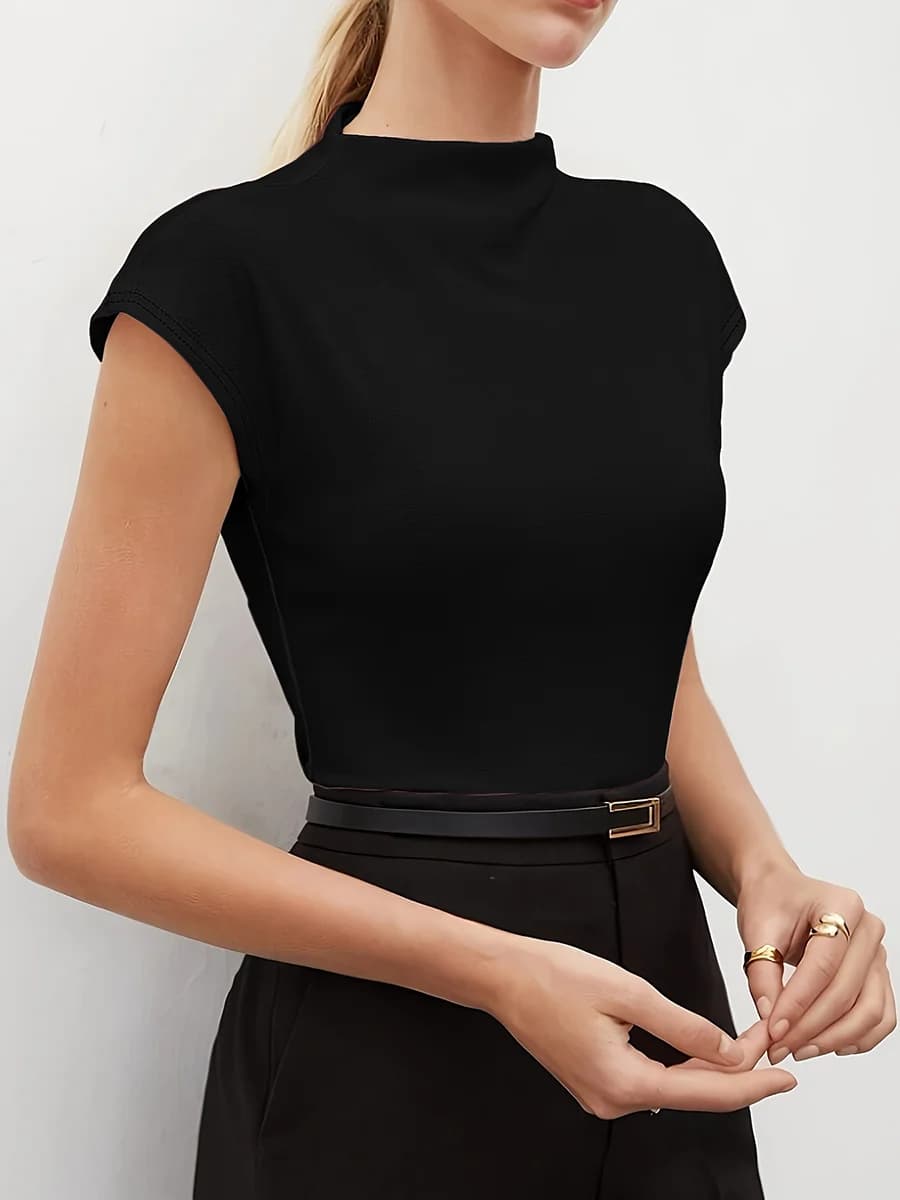 Top da donna a collo alto con maniche a cappuccio, in maglia, aderente, minimalista, per San Valentino, primavera estate, nero, chic, leggero, per tutti i giorni