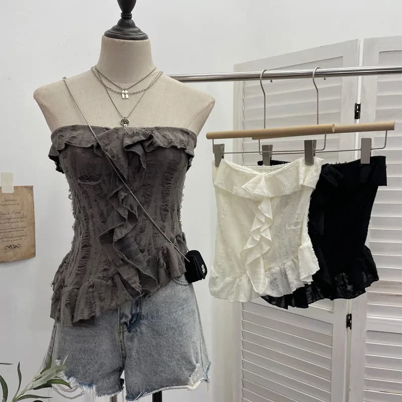 Top Senza Spalline Stile Wasteland con Design Sfilacciato e Bordi Irregolari Arricciati, T-shirt Y2K Spicy Girl Senza Maniche 9228