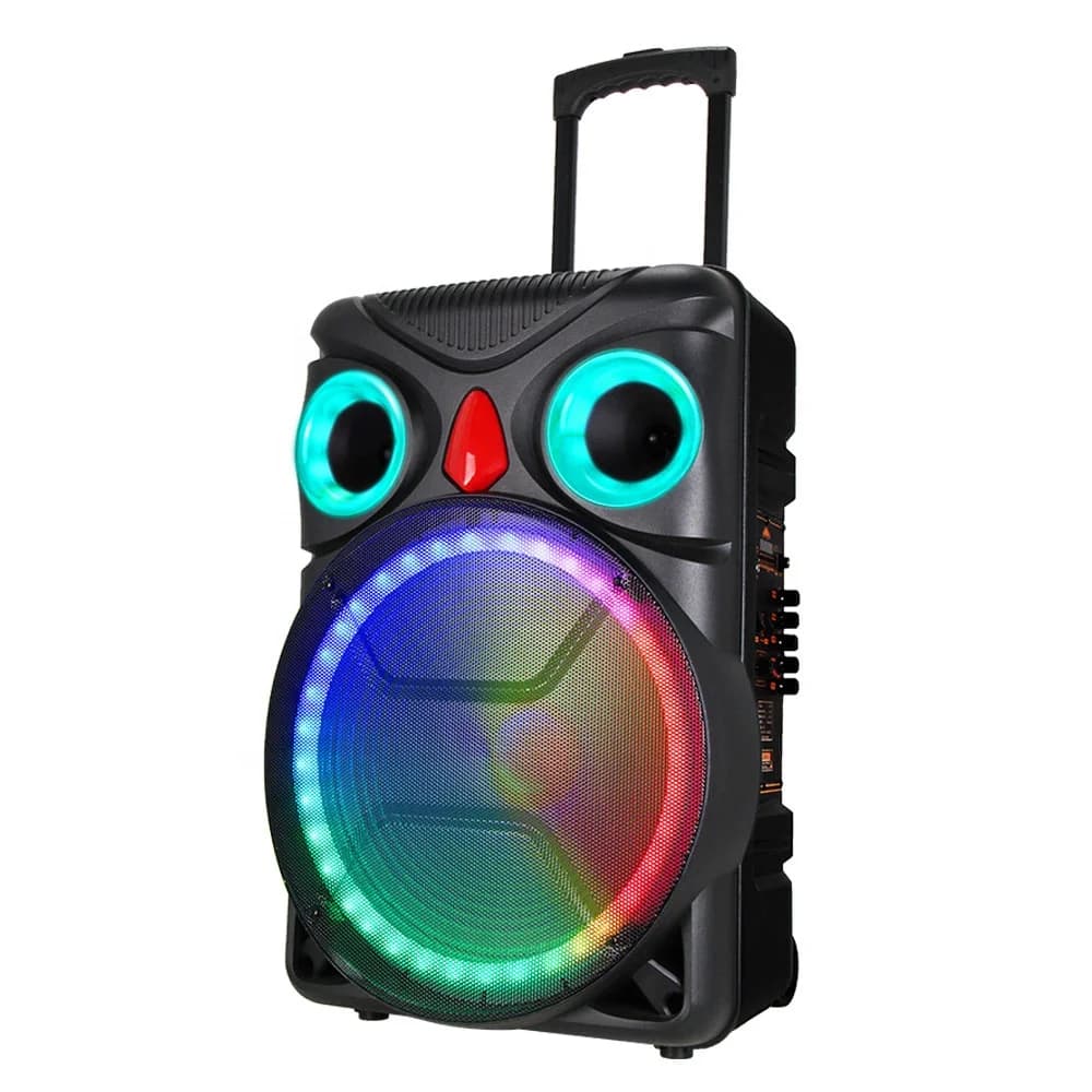 Altoparlante portatile da 15 pollici con maniglia e ruote Carrello da esterno Altoparlanti wireless Trolly impermeabili con dente azzurro a LED