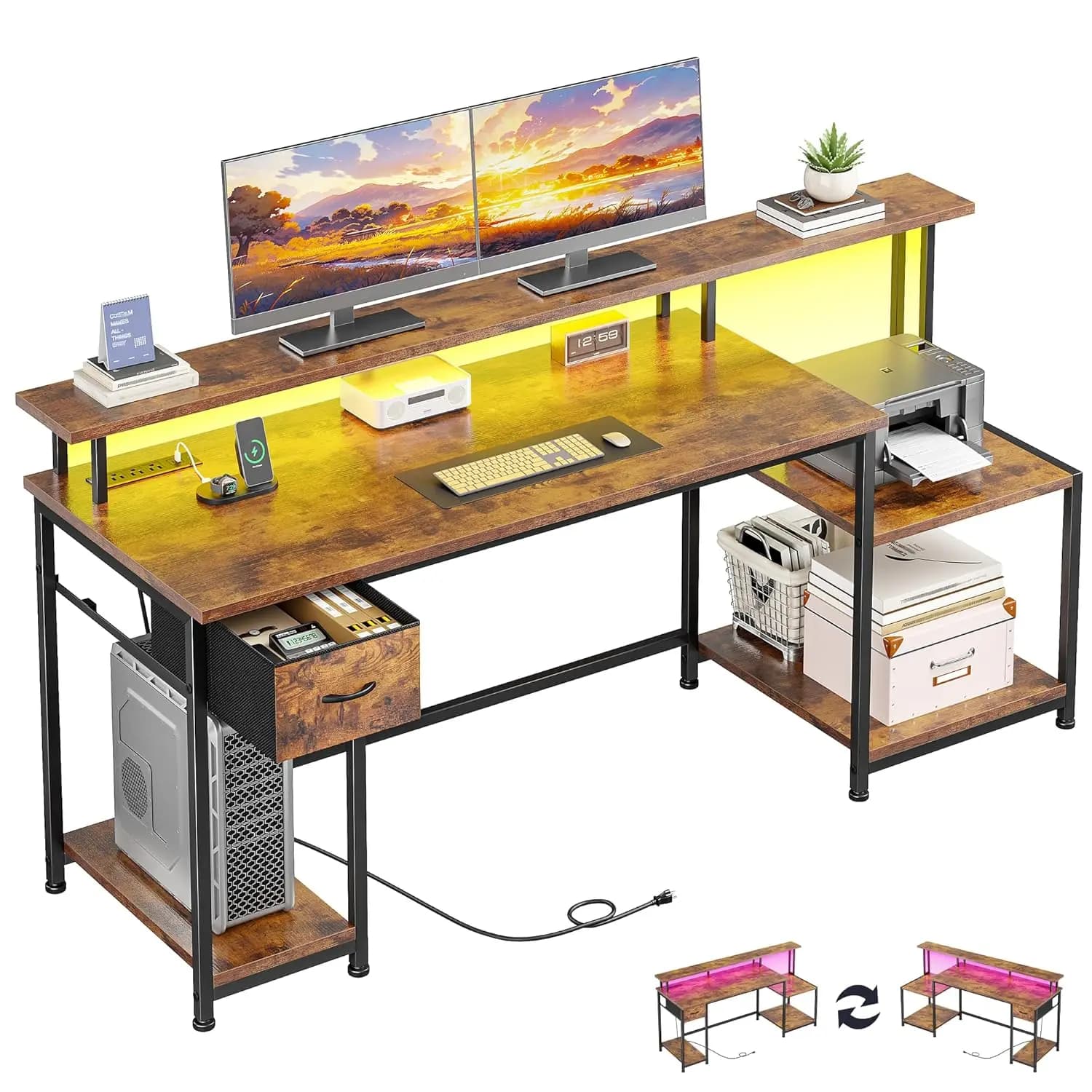 Scrivania da 55 pollici con cassetto, ripiano per stampante, armadietto, LED, presa di corrente, supporto per monitor, ufficio domestico, dormitorio, rustico, personalizzabile