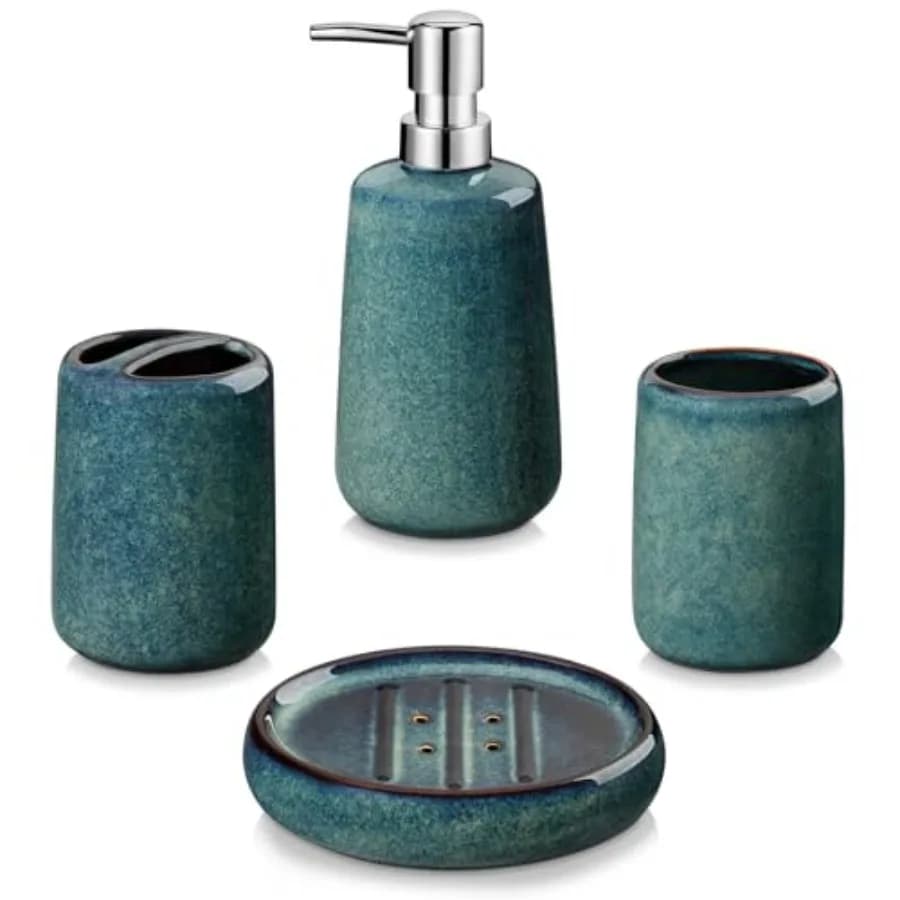 Set di Accessori per il Bagno, Dispenser di Sapone in Ceramica e Porta Spazzolini, Set da 4 Pezzi in Gres per Lavabo, per Casa Moderna