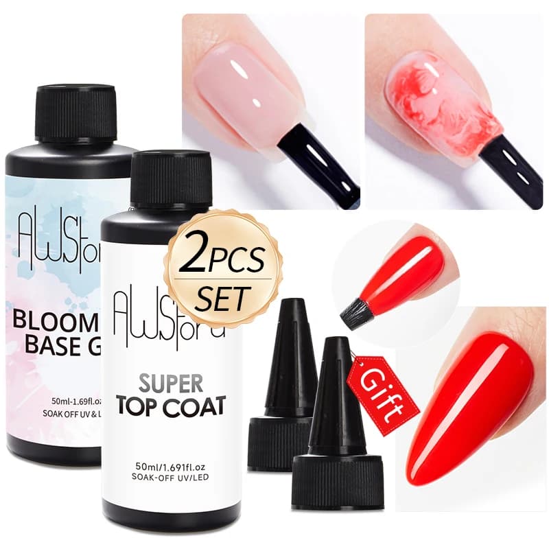 AWStorG 2 Pz/set 50ml Super Top Coat And Transparent Flower Base UV Gel Nail Polish LED Soak Off Nail Polish