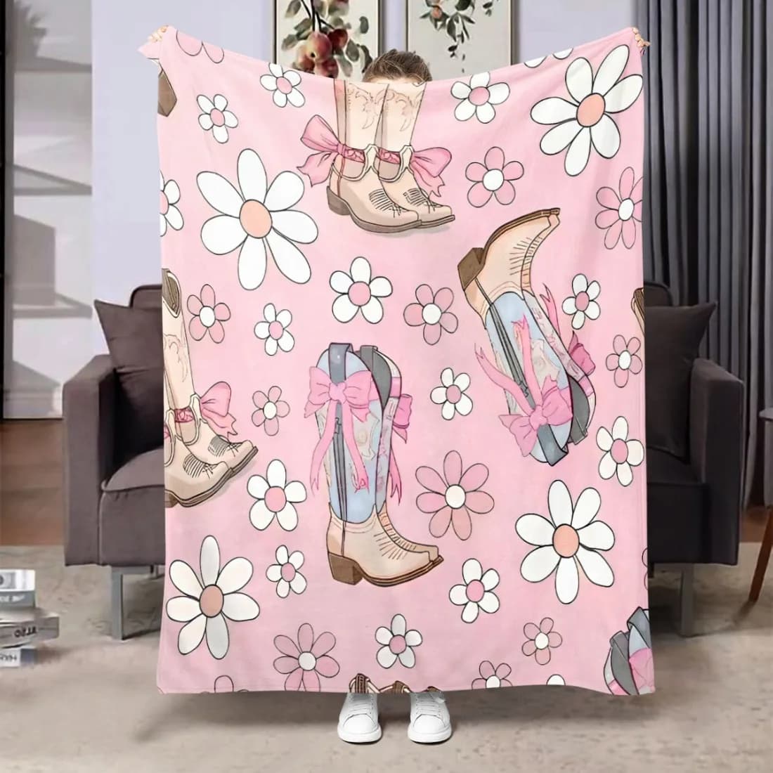 1 pezzo di stivali da cowboy rosa in flanella - morbido peluche accogliente per letto, divano, soggiorno, viaggi, campeggio - Regalo ideale per ragazze