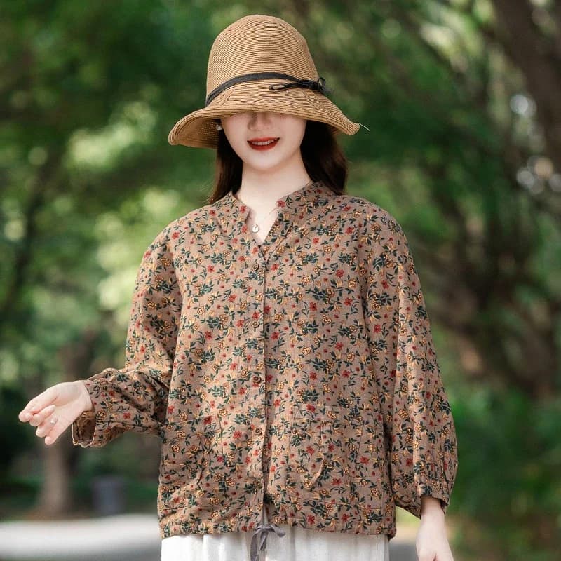 Camicia da donna in cotone e lino con stampa floreale, colletto alla coreana, maniche a lanterna, blusa casual estiva