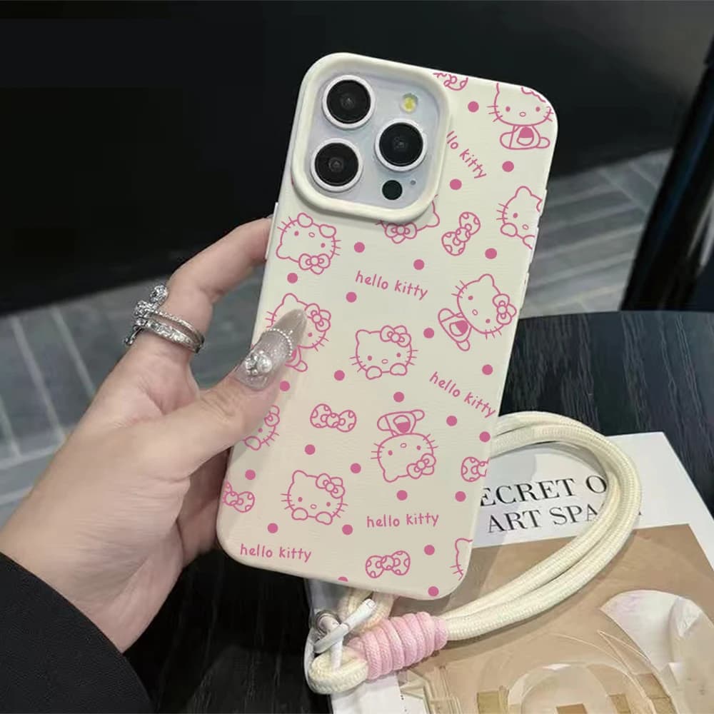 Custodia per telefono con cordino a fantasia litchi rosa Hello Kitty per iPhone 16 Air 17 15 14 13 12 11 Pro Max XS X XR 7 8 Plus 13 15