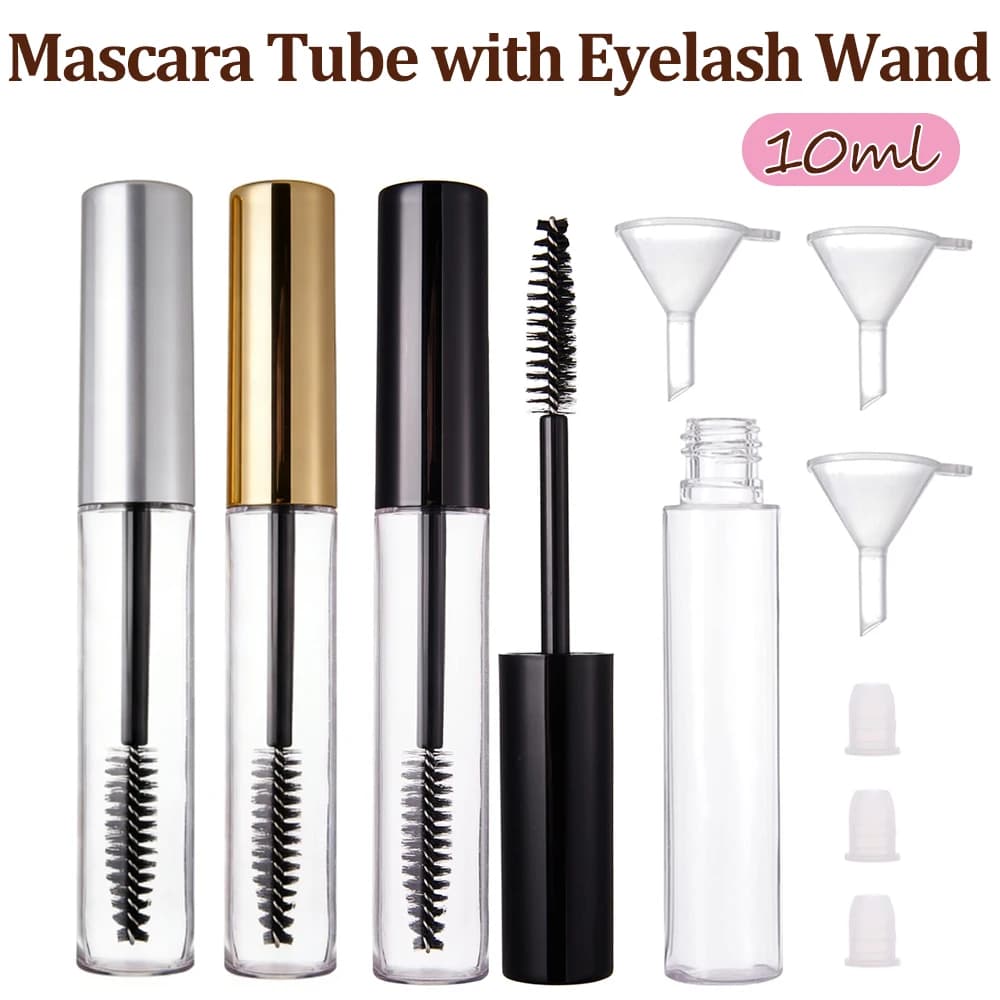 10ml Empty Mascara Tube with Eyelash Wand Refillable Clear Cosmetic Bottle with Funnel for Eyebrow Growth Serum Coconut Oil DIY
