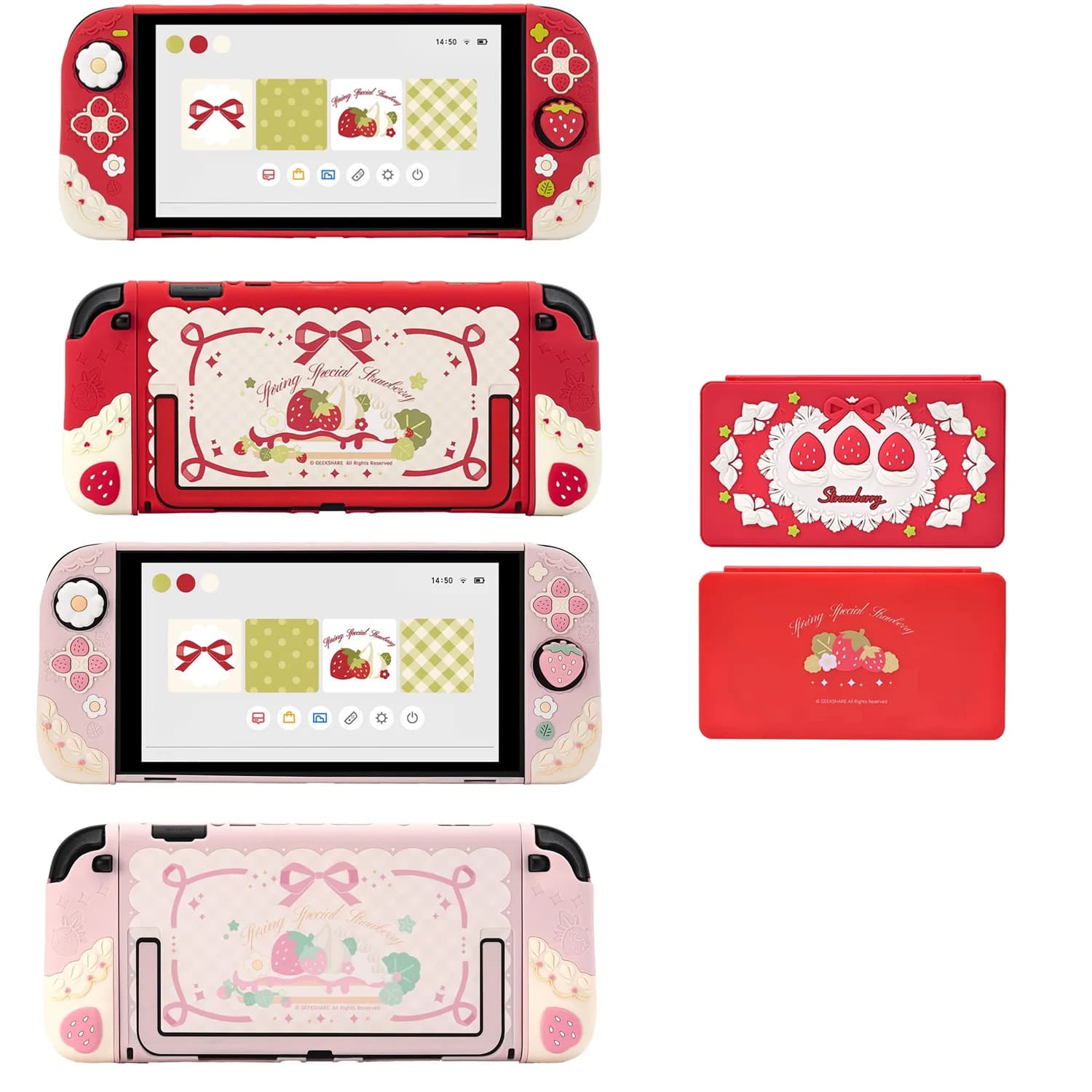 Custodia GeekShare Spring Strawberries compatibile con Switch 2 (2025), guscio protettivo in morbido silicone NS2 con 2 copri-grip per le levette analogiche