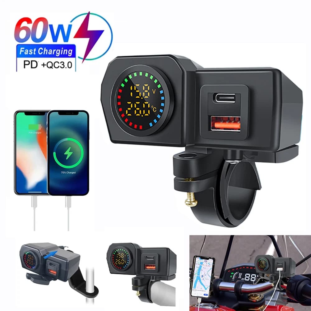 60W QC3.0 + PD manubrio moto e specchietto retrovisore con voltmetro digitale termometro presa USB caricatore rapido adattatore di alimentazione del telefono