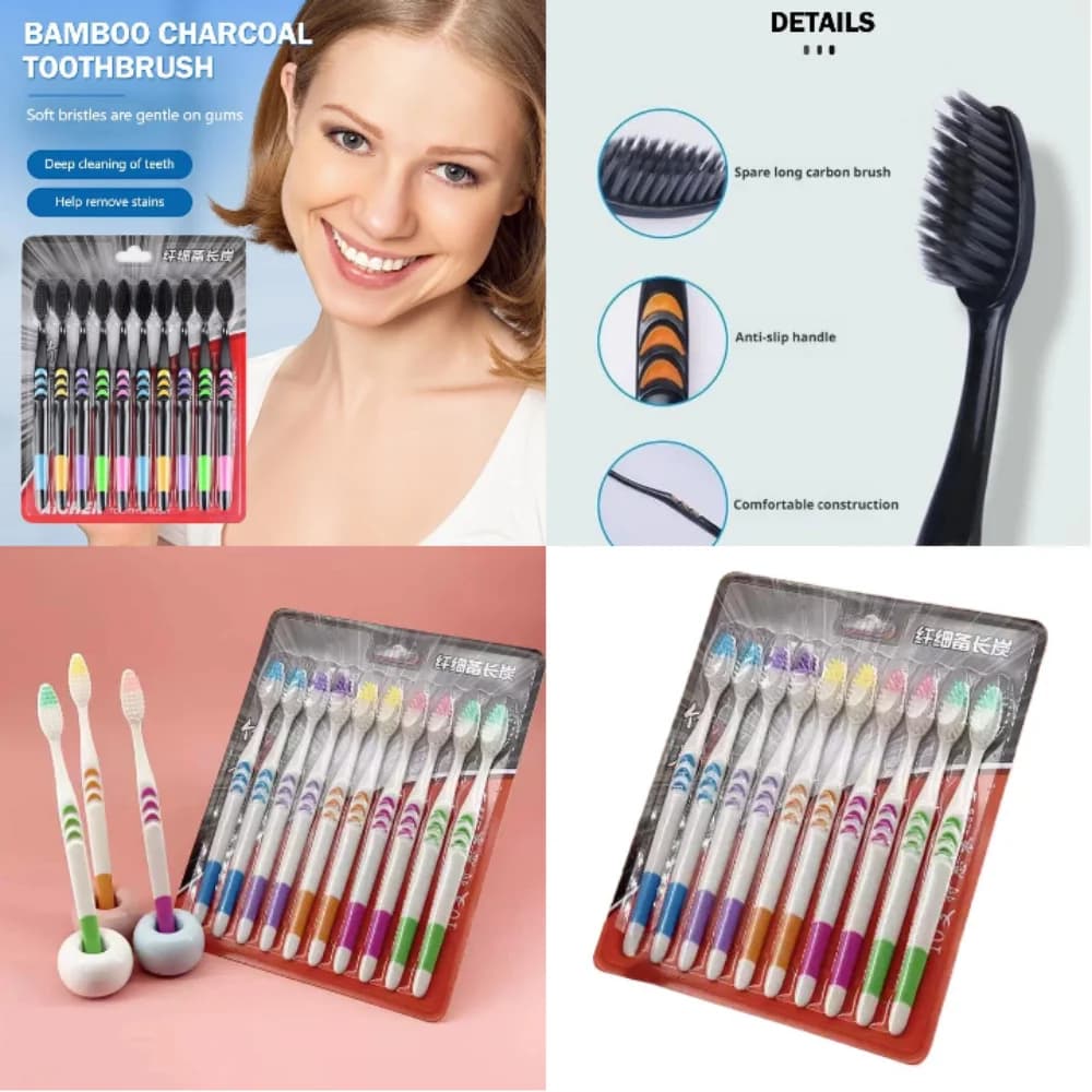 Set di 10 Spazzolini da Denti in Bambù Naturale con Setole Morbide al Carbone per lo Sbiancamento dei Denti e Cura Orale