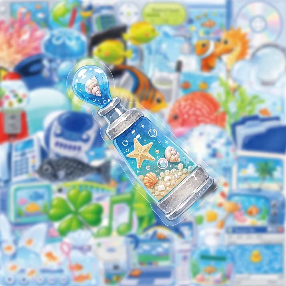 60PCS Frutiger Aero PET Stickers Set Dreamy Cartoon Ocean Theme with Fish Coral Design Beautiful Decorations for Scrapbook Phone