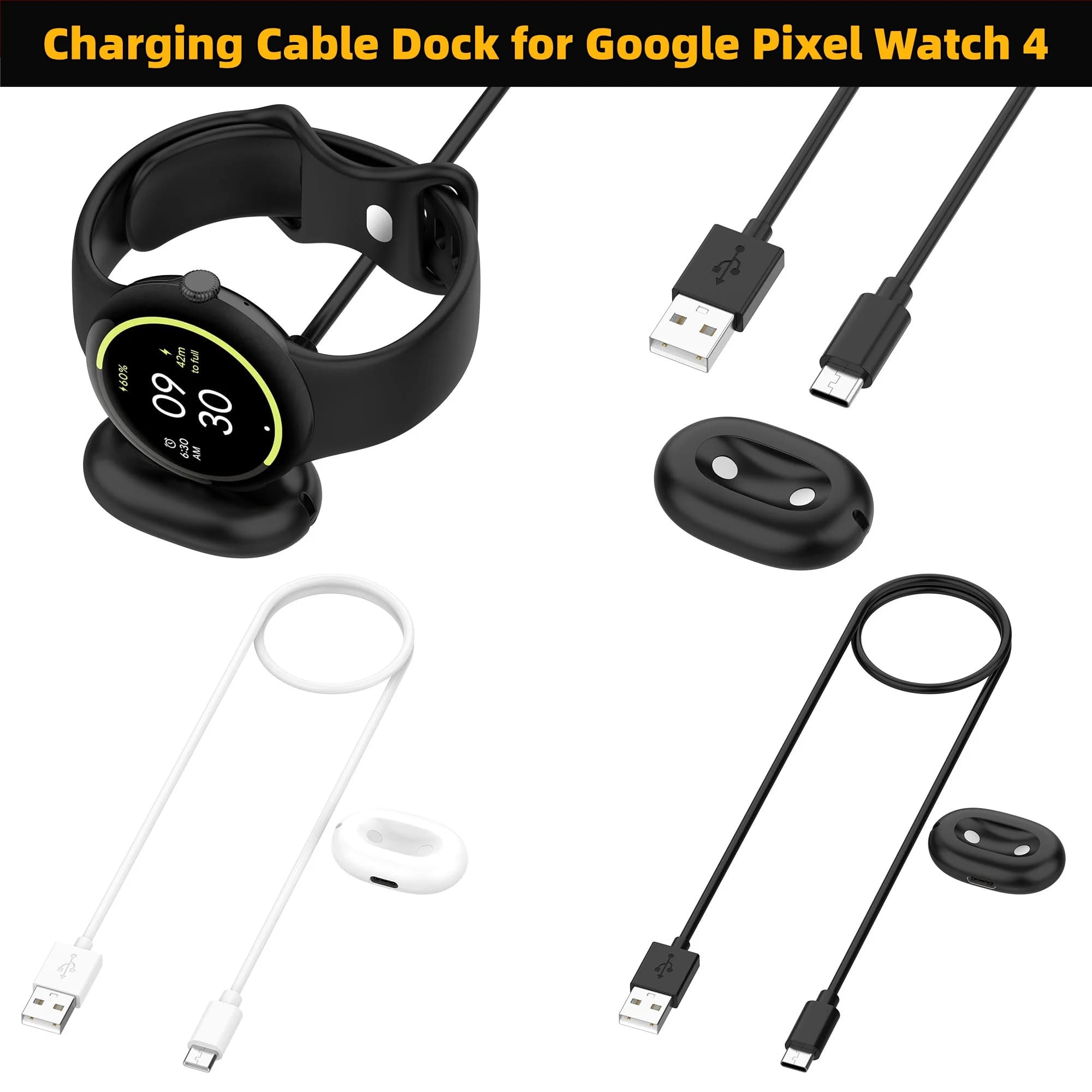 Separable 2 in 1 Charging Dock & Cable for Google Pixel Watch 4, Anti Drop Stable Magnetic Watch Charger in Black White