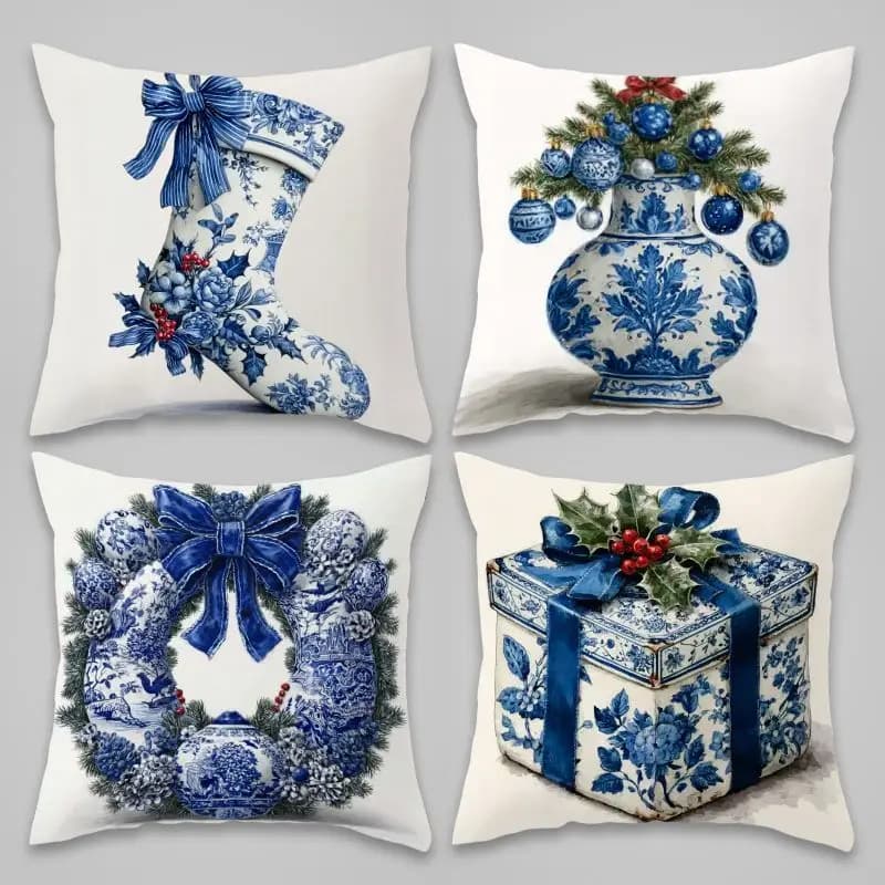 Blue White Christmas Pillowcase Set Holiday Decor Winter Festive Toile Print Throw Pillow Cushion Cover Xmas Home Decoration