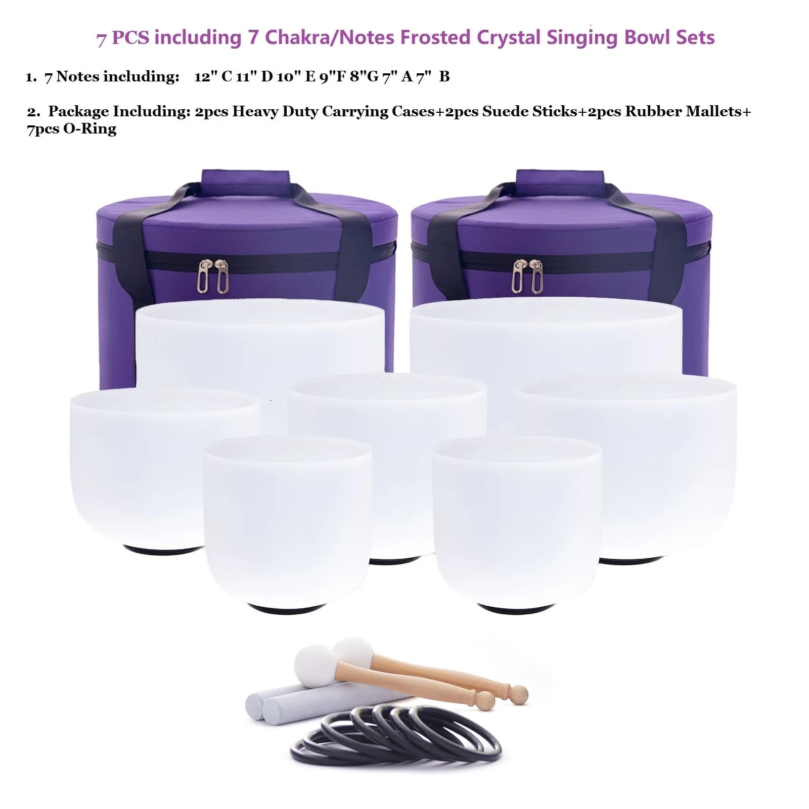 Hye‑eun 7‑12 Inch 7Pcs Chakra Crystal Singing Bowls Kit, Sound Healing Quartz Bowls with Storage Cases for Yoga & Deep Relaxation