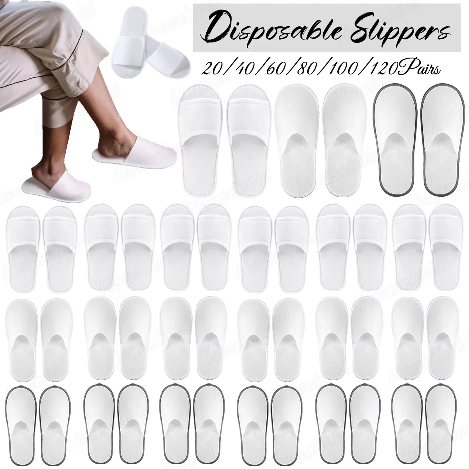 20-120Pairs White Hotel Slippers Unisex Disposable for Guests Non-Slip Bathroom Spa for Men and Women