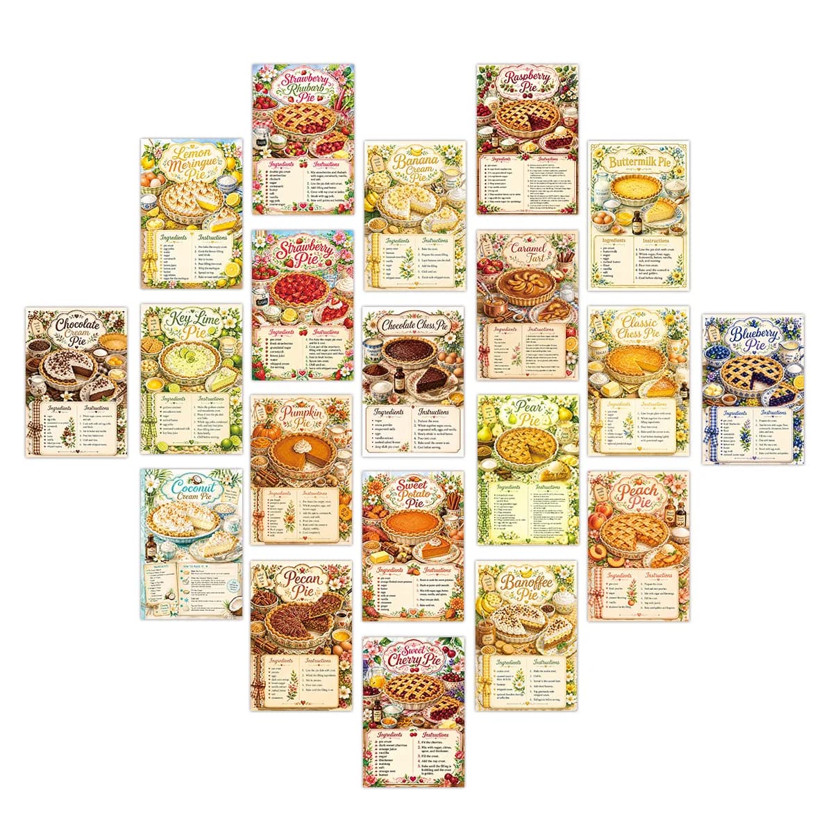 20pcs Dessert Pie Recipe Postcards,Fruit&Nut Pie Ingredients&Step Baking Instructions,Kitchen Wall Decor Cards,Journal Ephemera