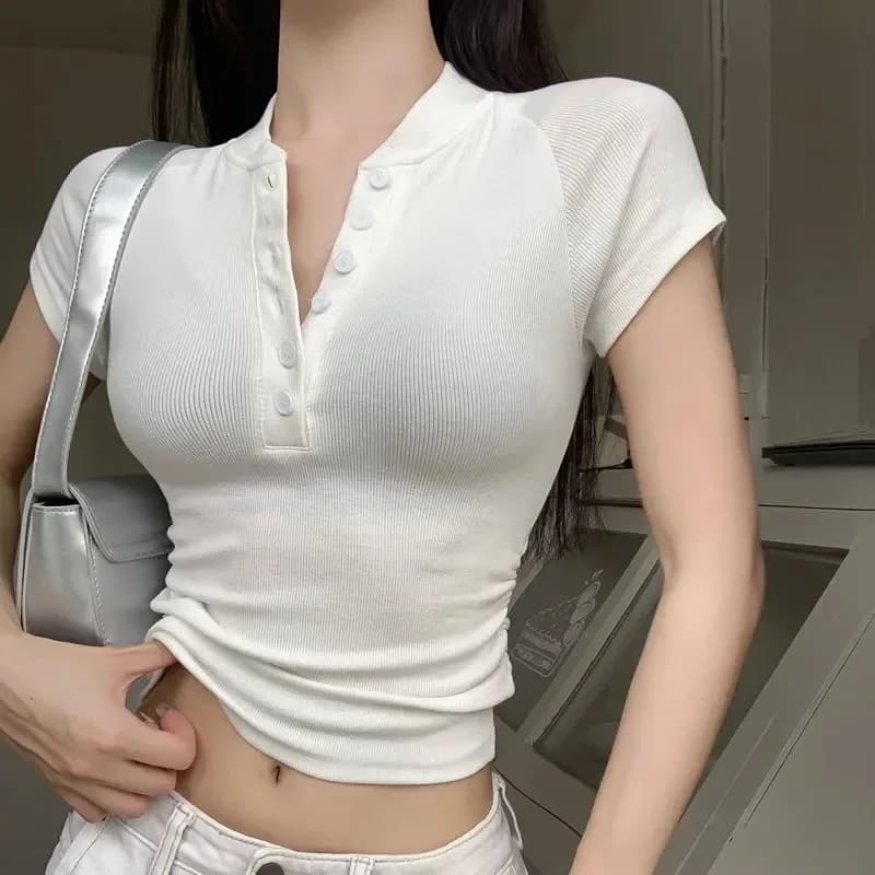 Lucyever stile coreano Buttons Up T-shirt donna elegante Slim Knit manica corta White Tee donna Summer Chic Streetwear Crop top