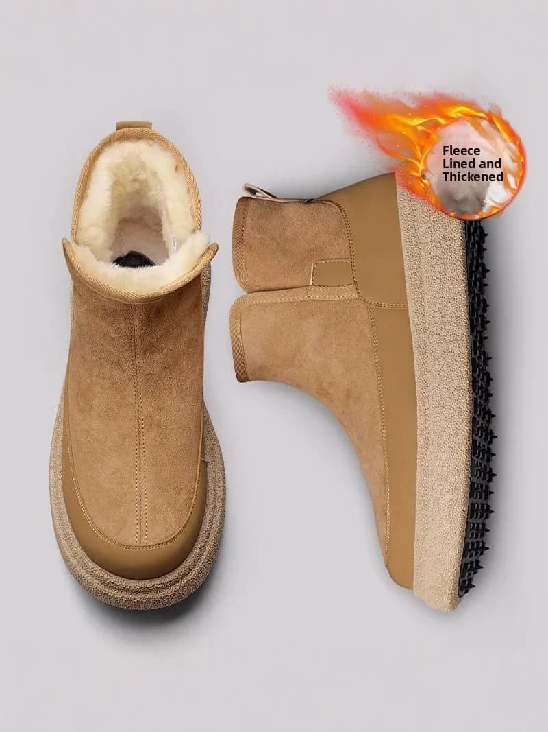 Men's Winter Thickened Fleece Lined Snow Boots Bread Style Leather Fur Integrated Warm Cotton Shoes Low Heel round Toe Boots
