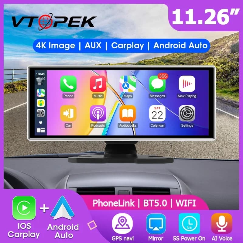 Dash Cam da 11,26 pollici 4K DVR per auto Wireless Carplay e Android Auto Dual Lens Cruscotto Navigazione GPS Videoregistratore FM AUX 5G Wifi