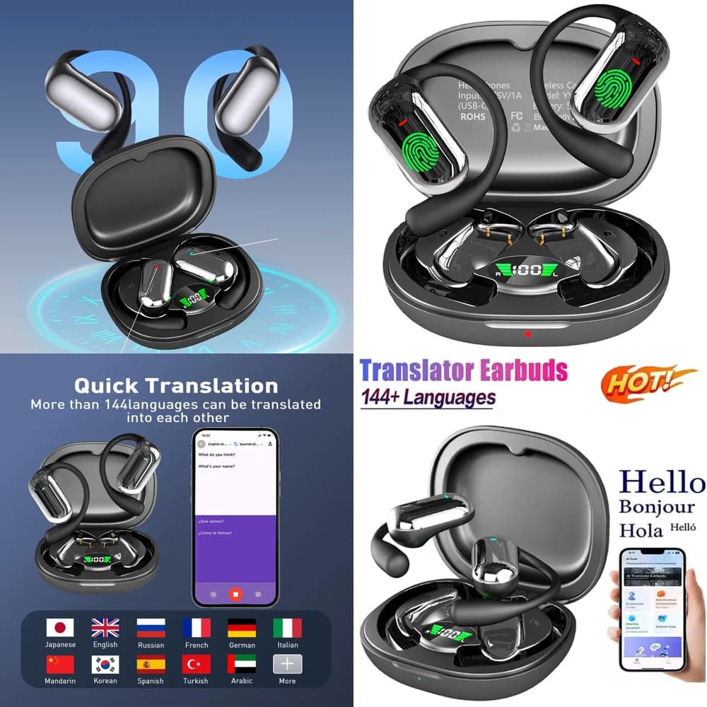 Auricolari Wireless in Tempo Reale OWS con Traduttore Linguistico AI, 144 Lingue Online, Prodotto di Tendenza, Cuffie Senza Fili